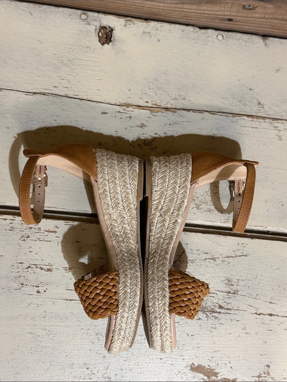 Marc Fisher Tan Woven Espadrille Wedge Sandal with Ankle Strap